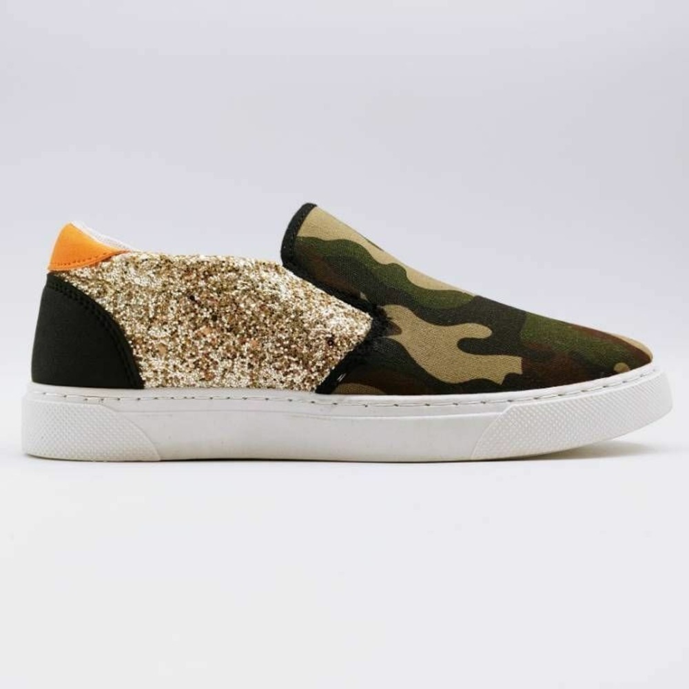 Ams Shoes Womens Layla 8 Slip On Sneakers Metallic Camouflage Glitter 7.5 New